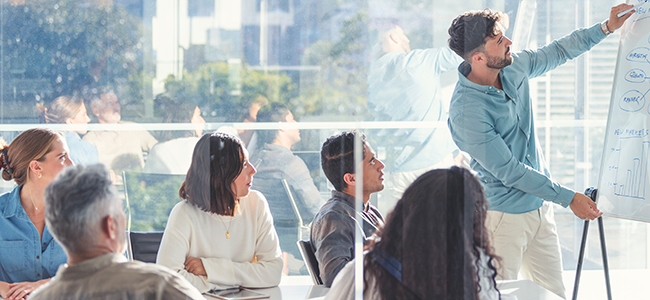 A business professional presenting to a group in a conference room.