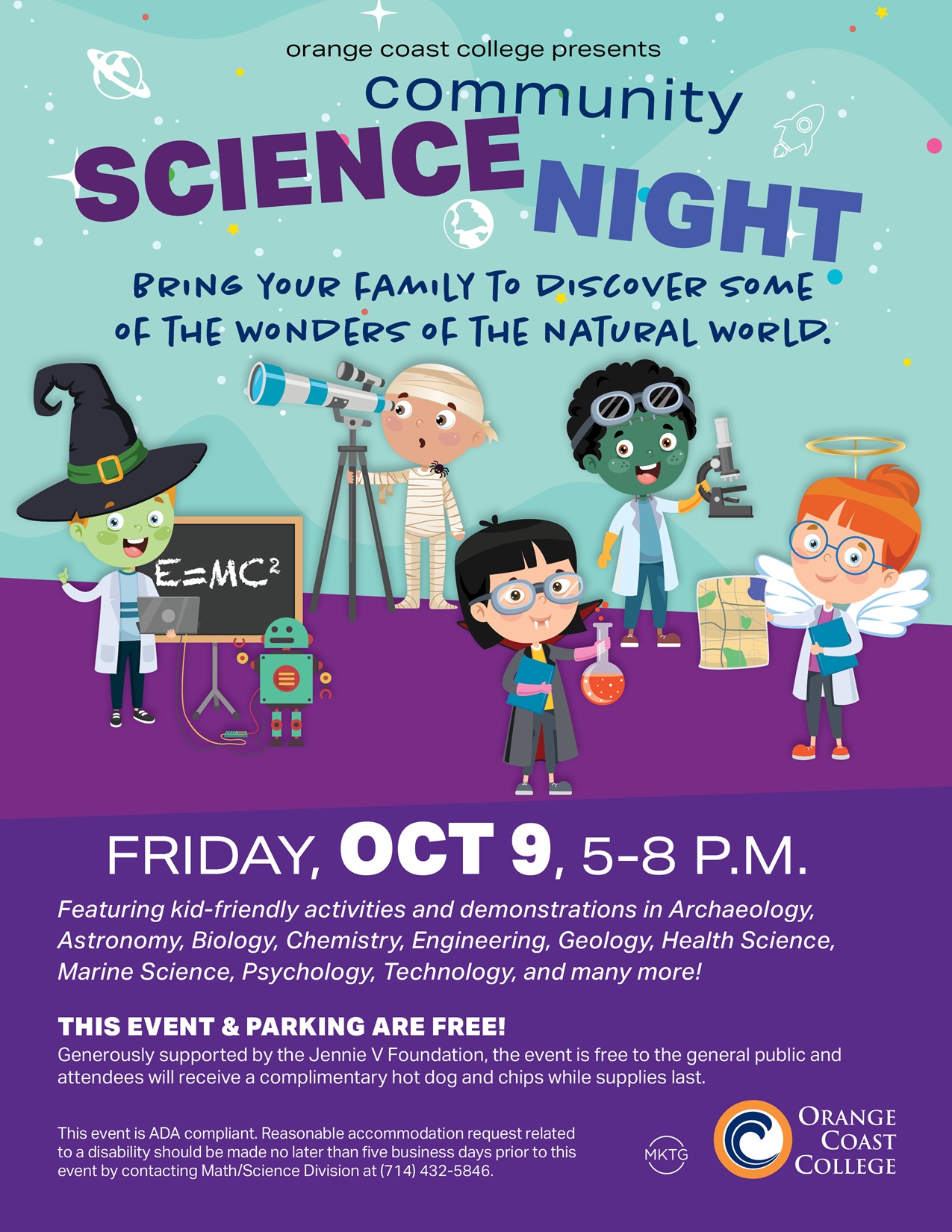 science night flyer with cartoon of young children using various scientific tools