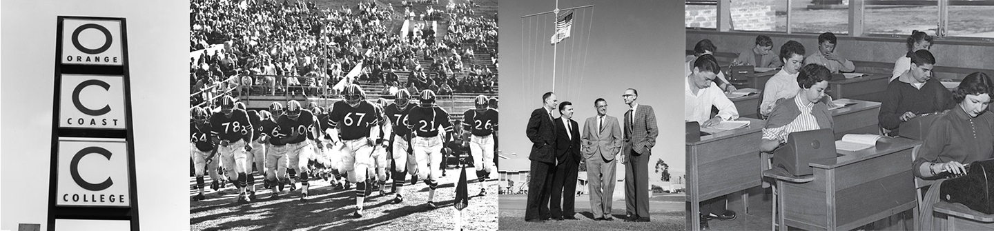 Collage of 4 images: OCC marquee sign, football team running on field, OCC administrators, students in classroom