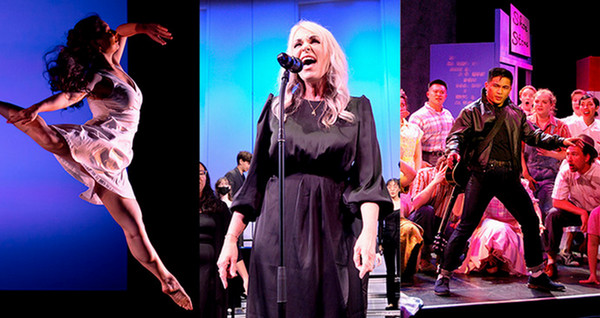 3 image collage of woman doing ballet, a woman singing, and actors performing on stage.