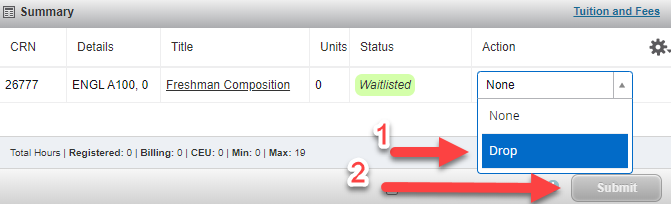 Drop option selected under the Action dropdown on the Registration screen