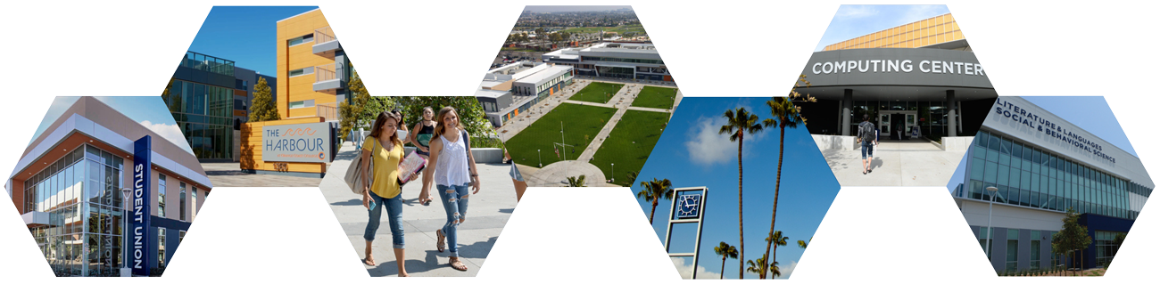 Collage of building showing the student union, main quad, aquatics center, housing, computer lab, and social behavior building