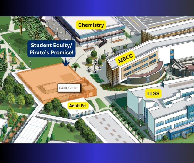 A labeled map of a campus highlighting the Clark Center, MBCC, Chemistry, and Adult Education buildings, with a notation for Student Equity/Pirate's Promise.